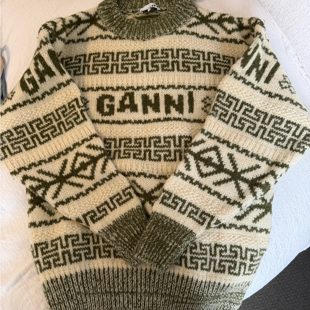GANNI Olive and Cream Knit Sweater - Picture 5 of 7